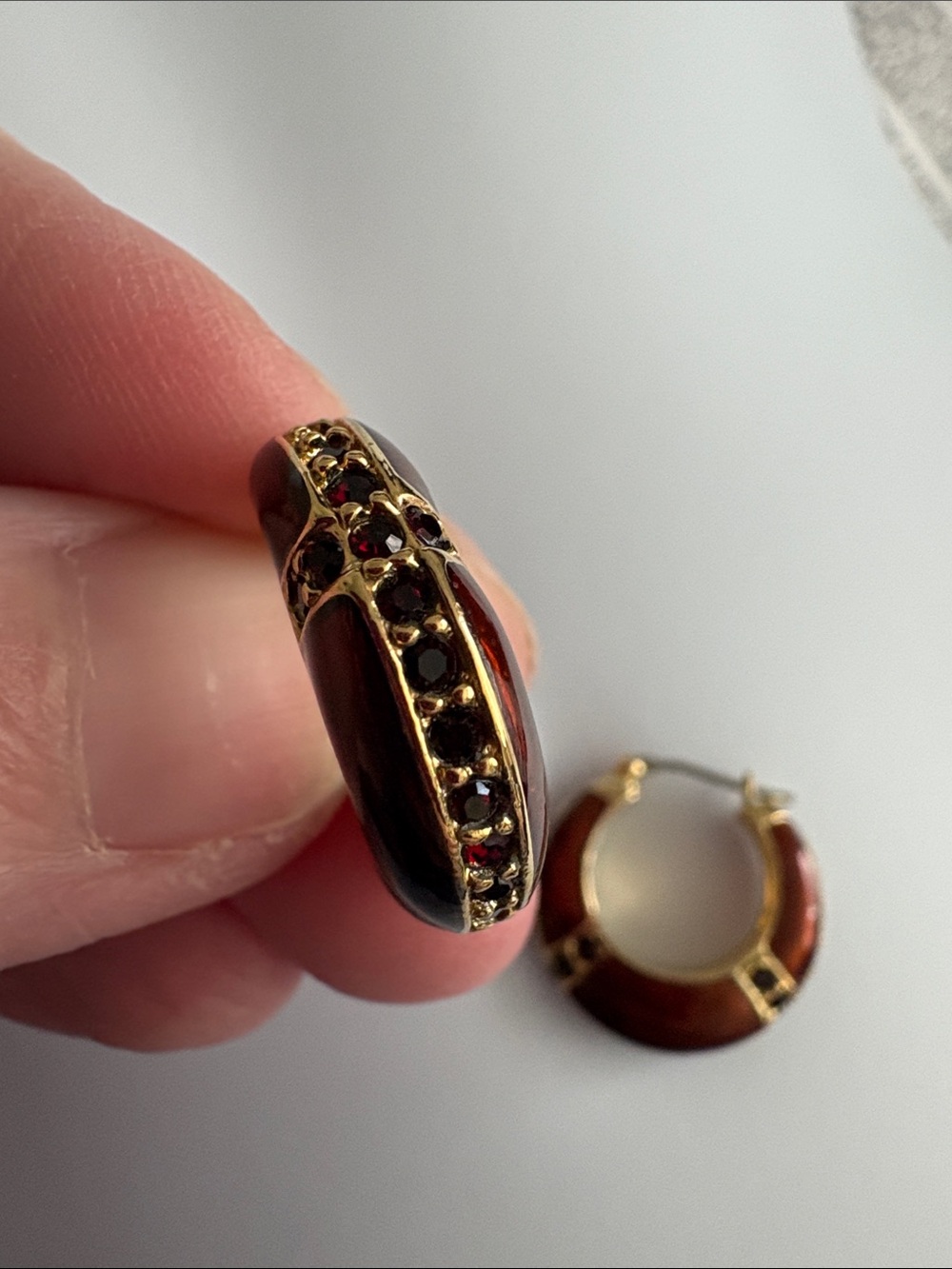 Vintage Enamel Earrings with Dark Ruby color Stones and Gold Finish - Picture 6 of 10